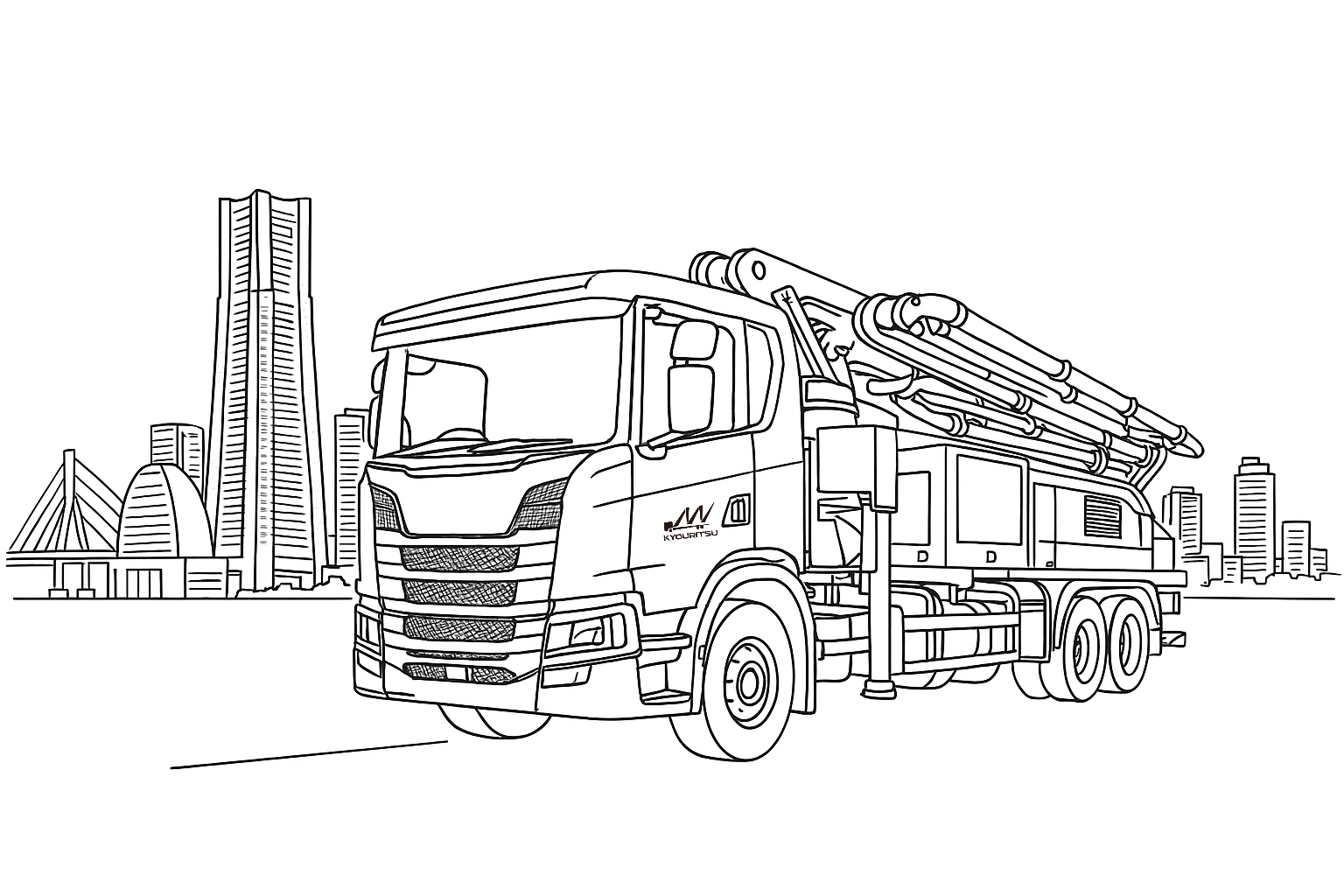 横浜の街並みとコンクリートポンプ車